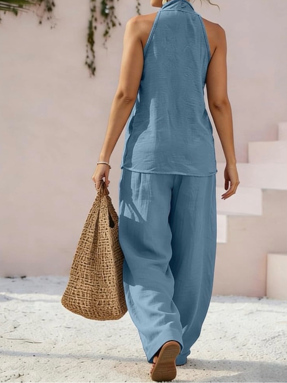 Casual Women's Wide Leg Linen Jumpsuit - Light Blue